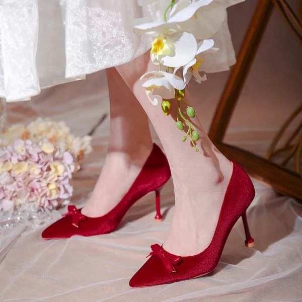 Chinese style Burgundy Bow Wedding Shoes 2020 8 cm Stiletto Heels Pointed Toe Wedding Pumps