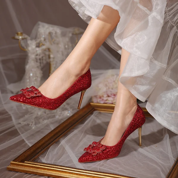 Scintillantes Charmant Bordeaux Chaussure De Mariée 2020 Paillettes Faux Diamant 8 cm Talons Aiguilles À Bout Pointu Mariage Escarpins