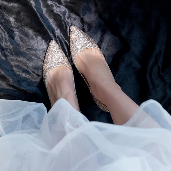 Scintillantes Doré Glitter Paillettes Chaussure De Mariée 2020 7 cm Talons Épais À Bout Pointu Mariage Escarpins