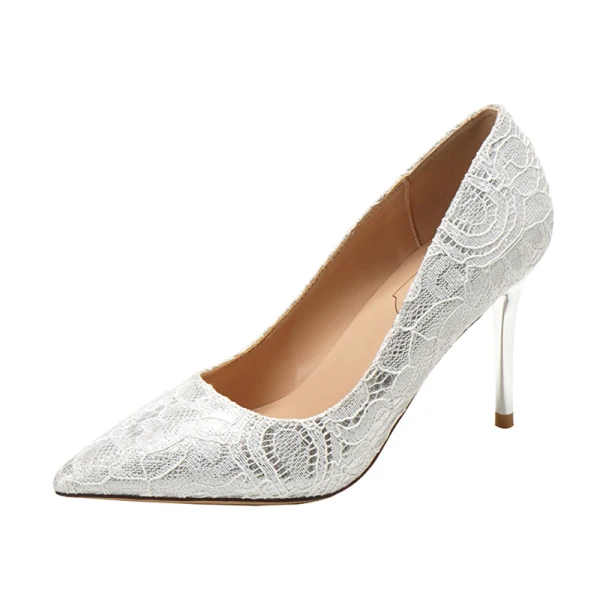 Charmant Ivoire En Dentelle Chaussure De Mariée 2020 Cuir 9 cm Talons Aiguilles À Bout Pointu Mariage Escarpins