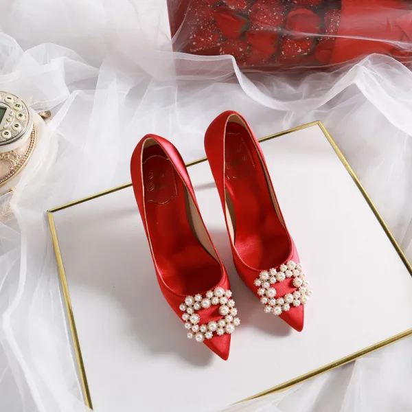 Elegant Ivory Pearl Rhinestone Wedding Shoes 2020 Leather 10 cm Stiletto Heels Pointed Toe Wedding Pumps