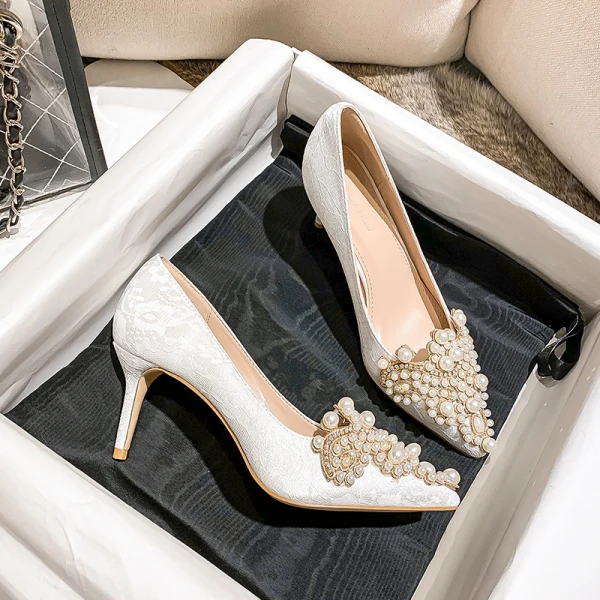 Chic Ivoire Faux Diamant Perle Chaussure De Mariée 2020 7 cm Talons Aiguilles À Bout Pointu Mariage Escarpins