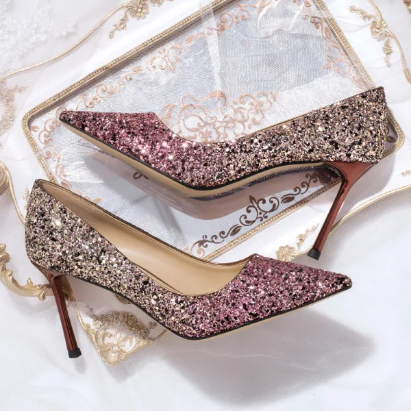 Sparkly Rose Gold Evening Party Sequins Pumps 2020 Leather 8 cm Stiletto Heels Pointed Toe Pumps