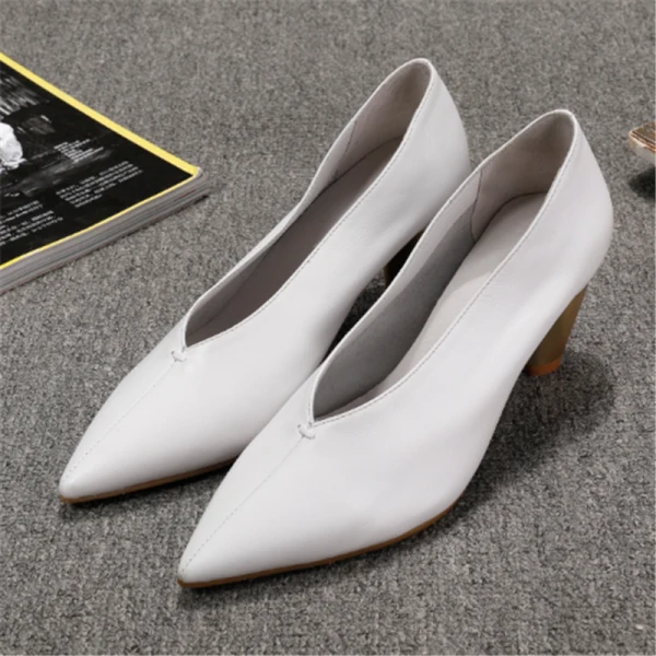 Simple Marron Désinvolte Escarpins 2020 Cuir 7 cm Talons Épais À Bout Pointu Escarpins