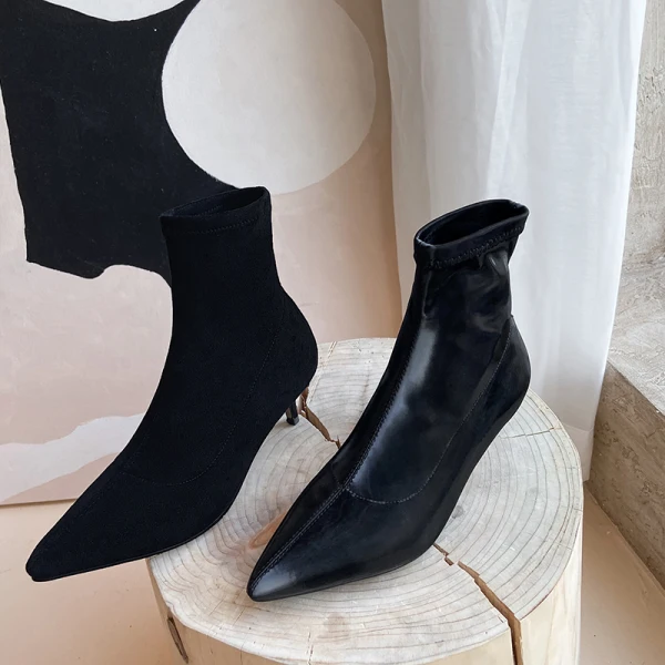 Fashion Black Street Wear Leather Womens Boots 2020 Ankle 5 cm Stiletto Heels Pointed Toe Boots