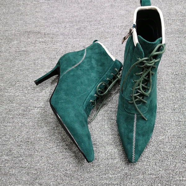 Chic / Beautiful Winter Dark Green Street Wear Suede Womens Boots 2020 Leather 8 cm Stiletto Heels Pointed Toe Boots