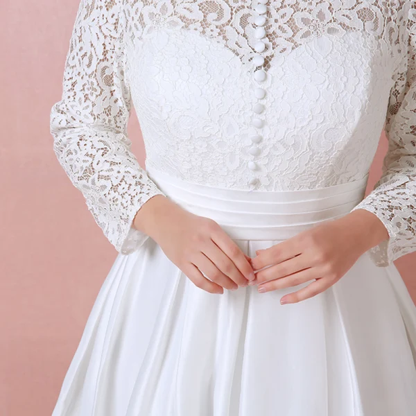 Modest / Simple Ivory Lace Flower Plus Size Wedding Dresses 2021 A-Line / Princess High Neck Long Sleeve Backless Floor-Length / Long Wedding