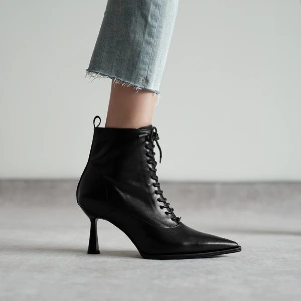 Fashion Winter Beige Street Wear Womens Boots 2020 Leather 7 cm Stiletto Heels Pointed Toe Boots