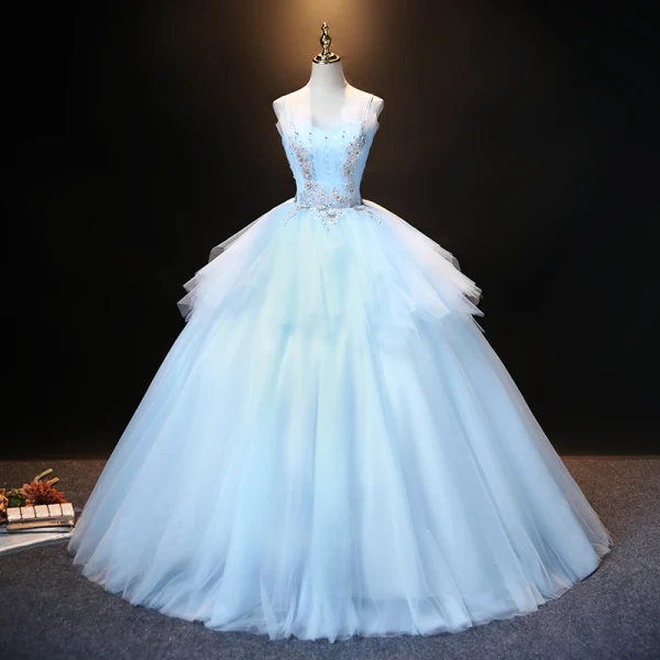 Élégant Bleu Ciel Robe De Bal 2021 Robe Boule Bretelles Spaghetti Perle Faux Diamant En Dentelle Fleur Sans Manches Dos Nu Longue Promo Robe De Ceremonie
