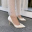 Élégant Beige Perle Chaussure De Mariée 2020 Cuir Satin 10 cm Talons Aiguilles À Bout Pointu Mariage Escarpins
