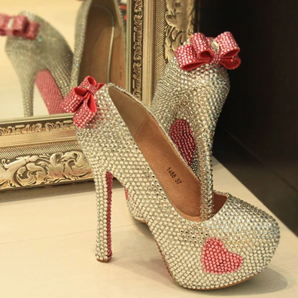 Charmant Argenté Faux Diamant Chaussure De Mariée 2020 Noeud Cuir Imperméables 14 cm Talons Aiguilles À Bout Rond Mariage Escarpins