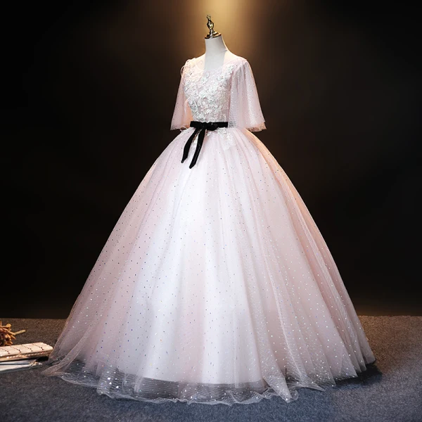 Elegant Blushing Pink Pearl Rhinestone Lace Flower Prom Dresses Ball Gown Backless 2021 Scoop Neck Bow Sash 1/2 Sleeves Floor-Length / Long Prom Formal Dresses