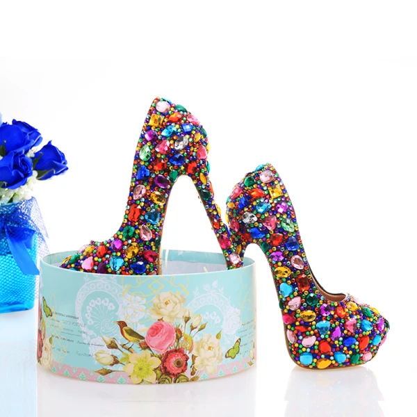 Amazing / Unique Multi-Colors Crystal Rave Club Pumps 2020 Leather Waterproof 14 cm Stiletto Heels Pointed Toe Pumps