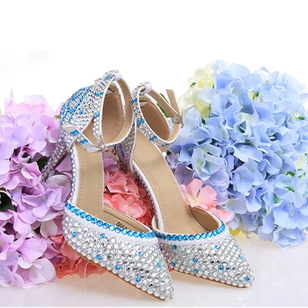 Sexy Silver Evening Party Rhinestone Womens Sandals 2020 Ankle Strap 10 cm Stiletto Heels Pointed Toe Sandals