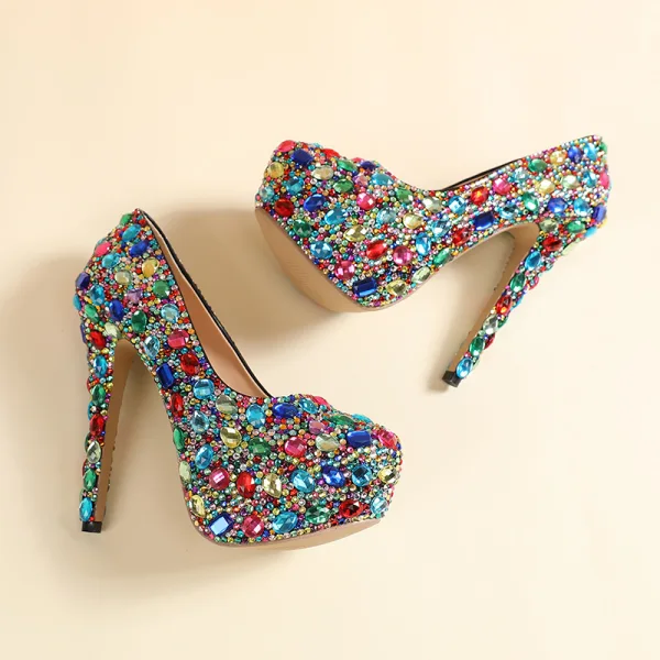 Amazing / Unique Colored Multi-Colors Rhinestone Rave Club Pumps 2020 14 cm Stiletto Heels Round Toe Pumps