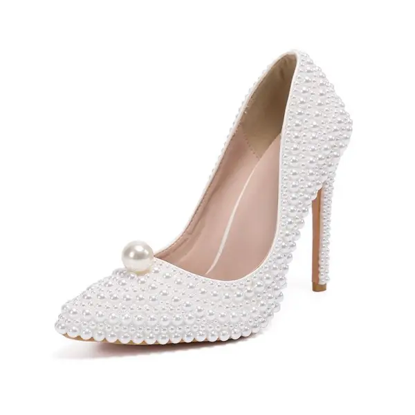 Charming Ivory Handmade Pearl Wedding Shoes 2020 11 cm Stiletto Heels Pointed Toe Wedding Pumps
