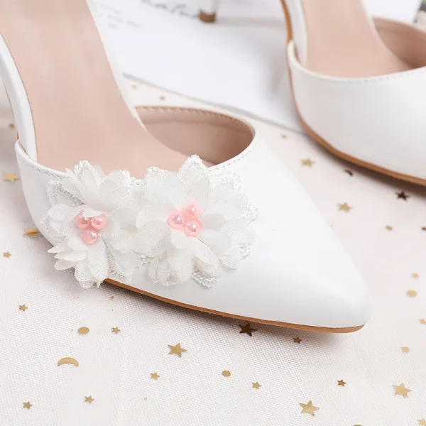 Schöne Weiß Ball Damenschuhe 2020 Perle Spitze Blumen Knöchelriemen 9 cm Stilettos Spitzschuh High Heels