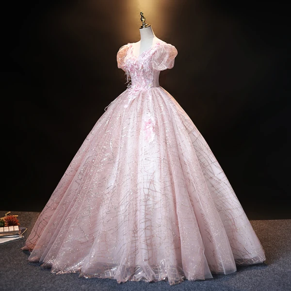 Vintage / Originale Rougissant Rose Perle Paillettes En Dentelle Fleur Robe De Bal Robe Boule 2021 V-Cou Gonflée Manches Courtes Dos Nu Longue Promo Robe De Ceremonie