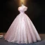 Vintage / Originale Rougissant Rose Perle Paillettes En Dentelle Fleur Robe De Bal Robe Boule 2021 V-Cou Gonflée Manches Courtes Dos Nu Longue Promo Robe De Ceremonie
