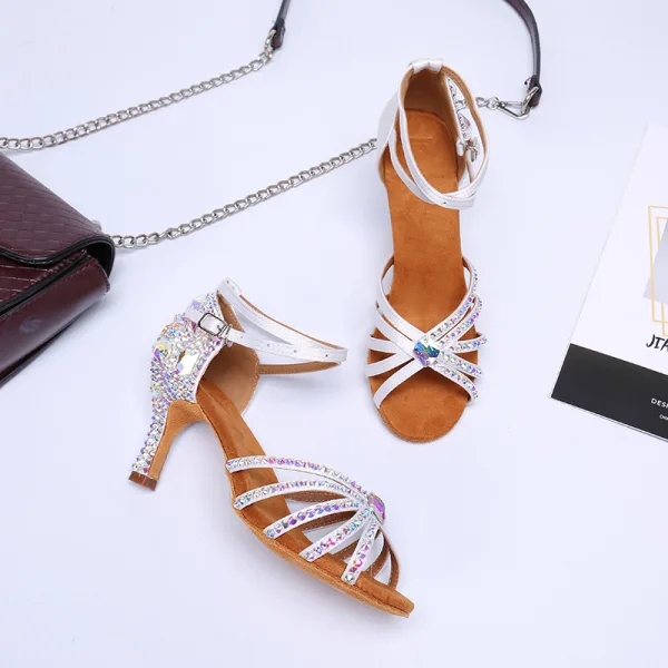 Sexy Charming White Rhinestone Latin Dance Shoes 2020 Ankle Strap 8 cm Stiletto Heels Open / Peep Toe Dancing Sandals