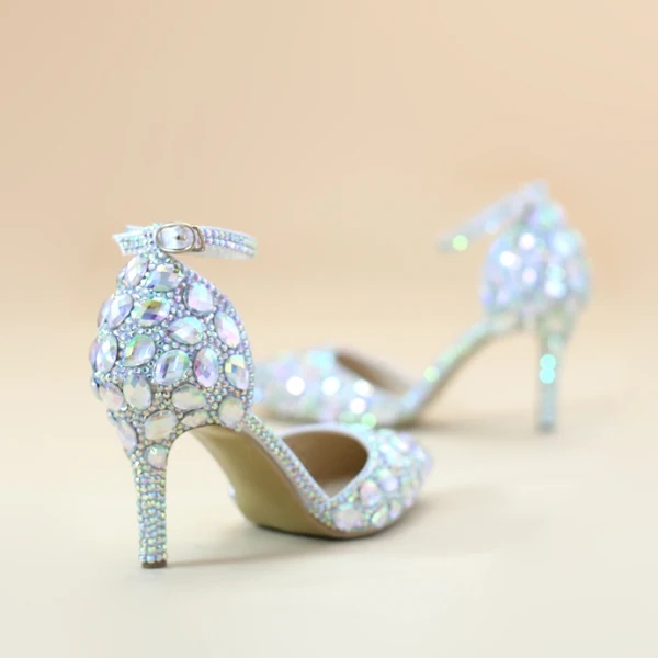Sexy Multi-Couleurs Faux Diamant Soirée Sandales Femme 2020 Bride Cheville 8 cm Talons Aiguilles À Bout Pointu Sandales