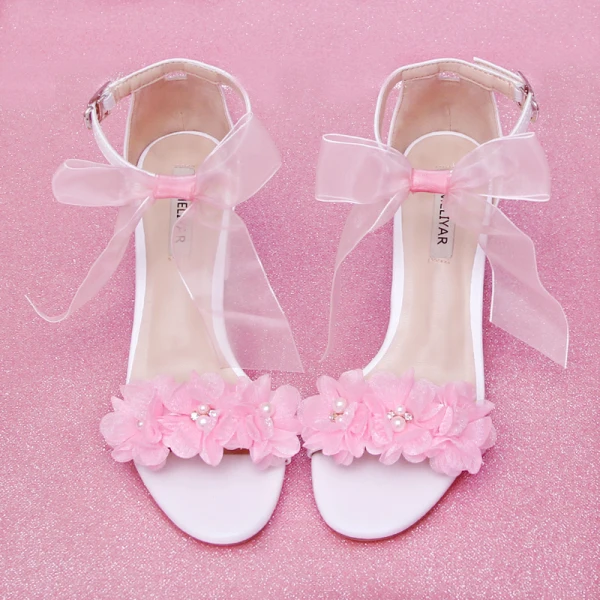 Schöne Rosa Brautschuhe 2020 Knöchelriemen Schleife Blumen 7 cm Thick Heels Peeptoes Hochzeit Sandaletten