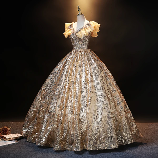Sparkly Gold Sequins Prom Dresses 2021 Ball Gown V-Neck Lace Flower Rhinestone Ruffle Short Sleeve Backless Floor-Length / Long Prom Formal Dresses