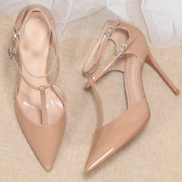 Chic / Beautiful Nude Street Wear Patent Leather Womens Sandals 2020 T-Strap 10 cm Stiletto Heels Pointed Toe Sandals