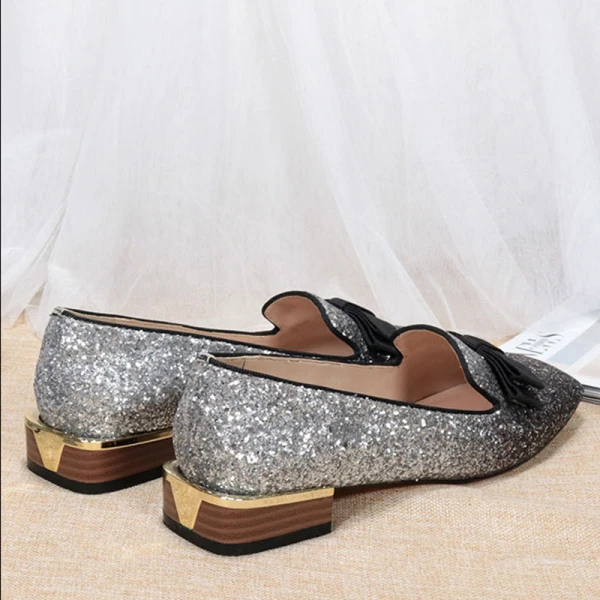Fashion Silver Black Street Wear Sequins Pumps 2020 Bow 3 cm Thick Heels Low Heel Pointed Toe Pumps
