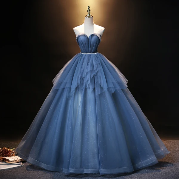 Fashion Ocean Blue Prom Dresses 2021 A-Line / Princess Strapless Rhinestone Sash Sleeveless Backless Floor-Length / Long Formal Dresses