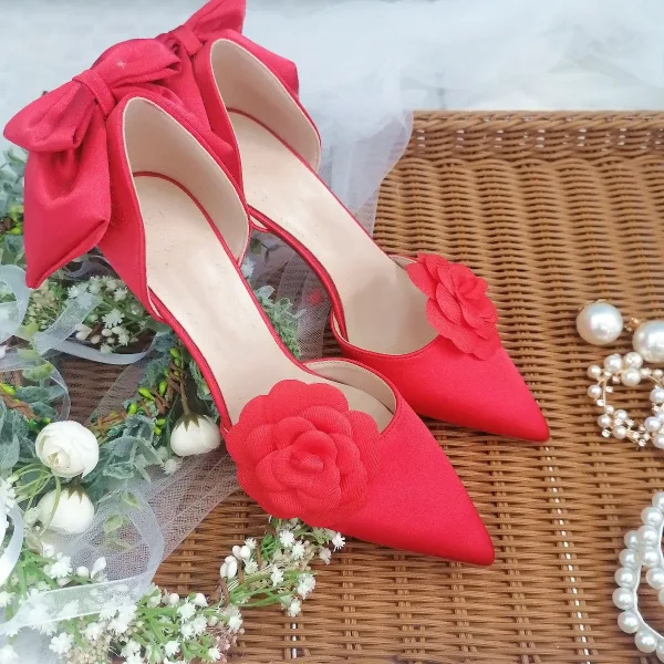 Classy Red Satin Wedding Wedding Shoes 2020 Pearl Rhinestone Bow 8 cm Stiletto Heels Pointed Toe Heels
