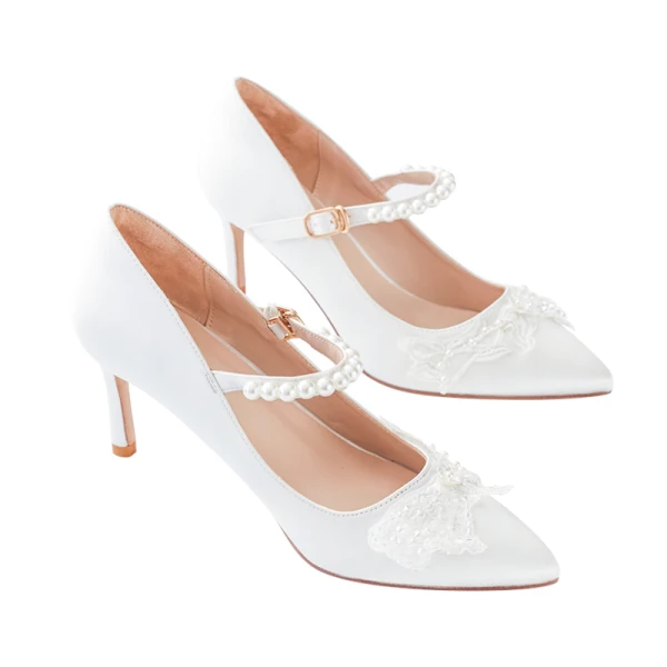Elegant White Satin Wedding Shoes 2020 Pearl Lace Flower 7 cm Stiletto Heels Pointed Toe Wedding Pumps