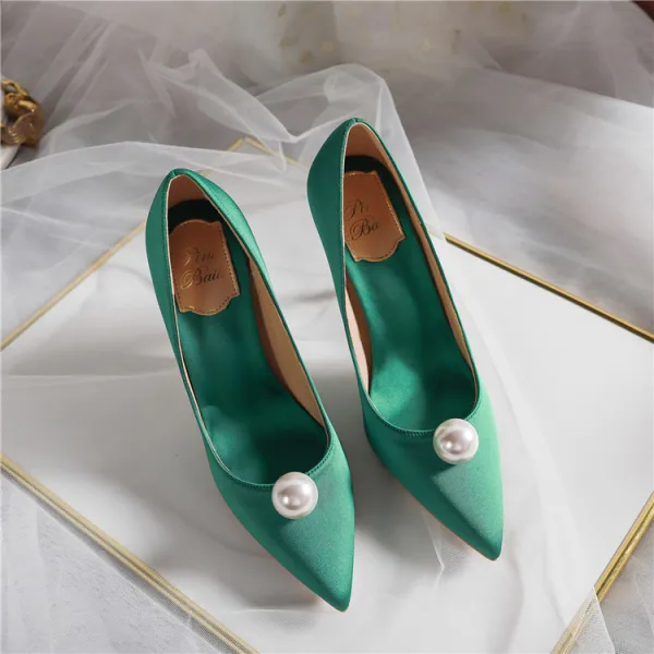 Chic Ivoire Perle Chaussure De Mariée 2020 Cuir 10 cm Talons Aiguilles À Bout Pointu Mariage Escarpins