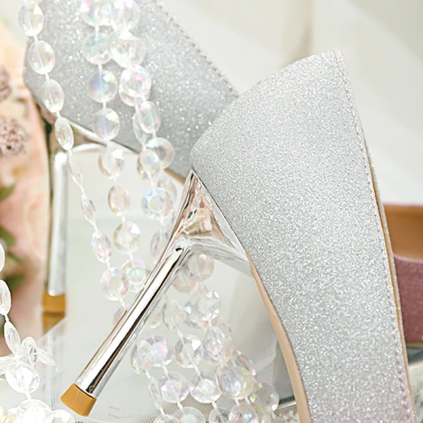 Uroczy Rumieniąc Różowy Cekiny Buty Ślubne 2020 Rhinestone 8 cm Szpilki Szpiczaste Ślub Czółenka