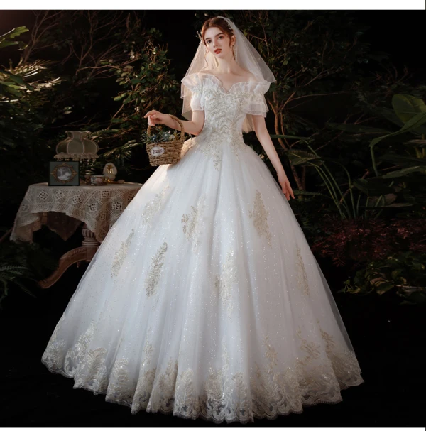 Affordable Ivory Glitter Sequins Wedding Dresses 2021 Ball Gown Off-The-Shoulder Lace Flower Short Sleeve Backless Floor-Length / Long Wedding