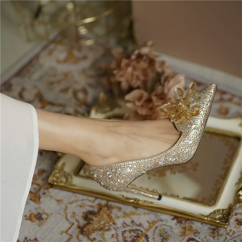Charming Champagne Crystal Wedding Shoes 2020 Leather Rhinestone 8 Cm  Stiletto Heels Pointed Toe Wedding Pumps