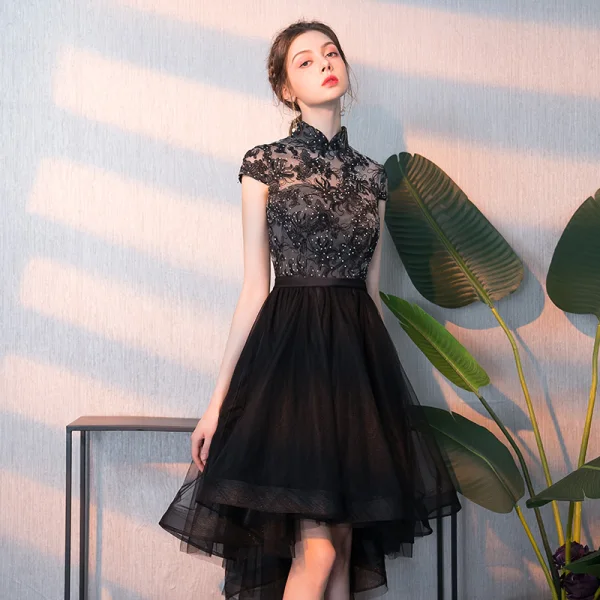 Elegant Black Cocktail Dresses 2018 A-Line Princess Asymmetrical Rhinestone Embroidered Elegant Black Cocktail Dresses 2018 A-Line Princess Asymmetrical Rhinestone Embroidered