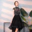 Elegant Black Cocktail Dresses 2018 A-Line / Princess Asymmetrical Rhinestone Embroidered High Neck Cap Sleeves Formal Dresses