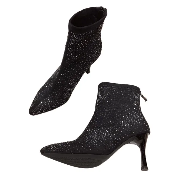 Fashion Black Street Wear Rhinestone Womens Boots 2020 8 cm Stiletto Heels Pointed Toe Boots