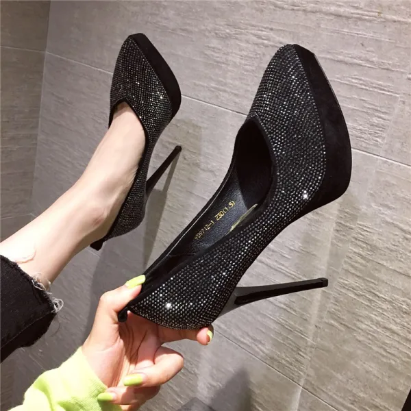 Sexy Black Rave Club Rhinestone Pumps 2020 12 cm Stiletto Heels Pointed Toe Pumps