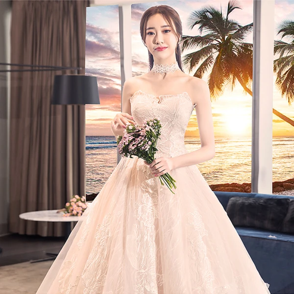 Elegant Champagne Brudekjoler Ballkjole 2018 Blonder Blomst Kjæreste Ryggløse Uten Ermer Royal Train Bryllup