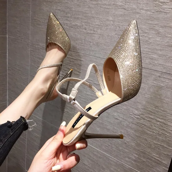Sexy Black Evening Party Rhinestone Slingbacks Womens Sandals 2020 8 cm Stiletto Heels Pointed Toe Sandals