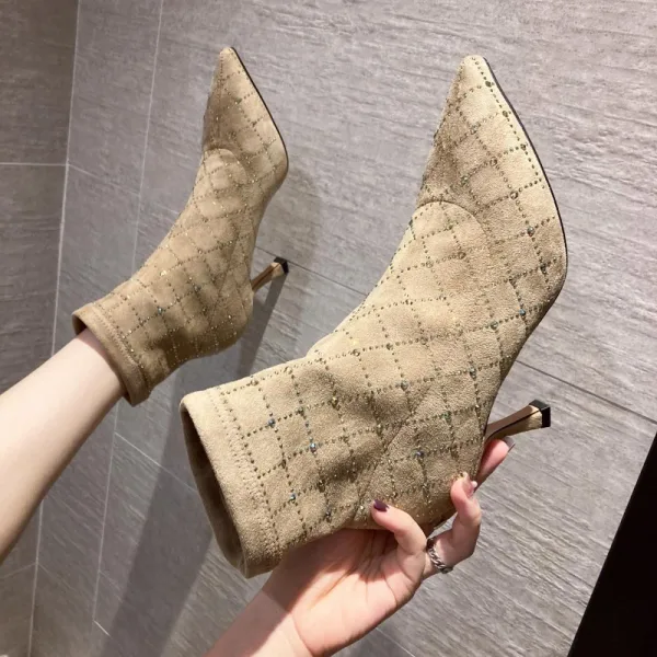 Fashion Black Street Wear Rhinestone Womens Boots 2020 Ankle 6 cm Stiletto Heels Pointed Toe Boots