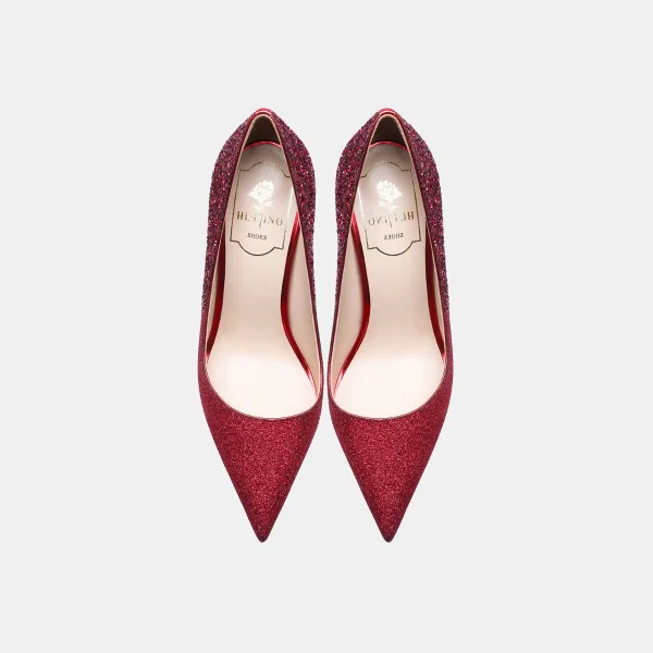 Charmant Rouge Mariage Cuir Paillettes Chaussure De Mariée 2021 10 cm Talons Aiguilles À Bout Pointu Escarpins