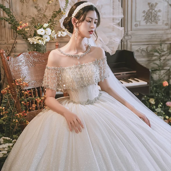 Luxury / Gorgeous Ivory Beading Rhinestone Sequins Wedding Dresses 2021 Ball Gown Scoop Neck Lace Flower Short Sleeve Backless Royal Train Wedding