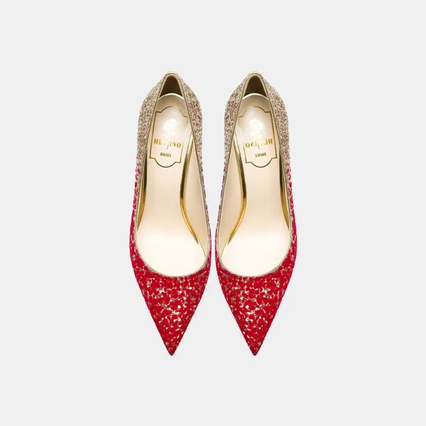 Sparkly Chic / Beautiful Gold Red Sequins Wedding Shoes 2021 Leather 10 cm Stiletto Heels Pointed Toe Wedding Pumps