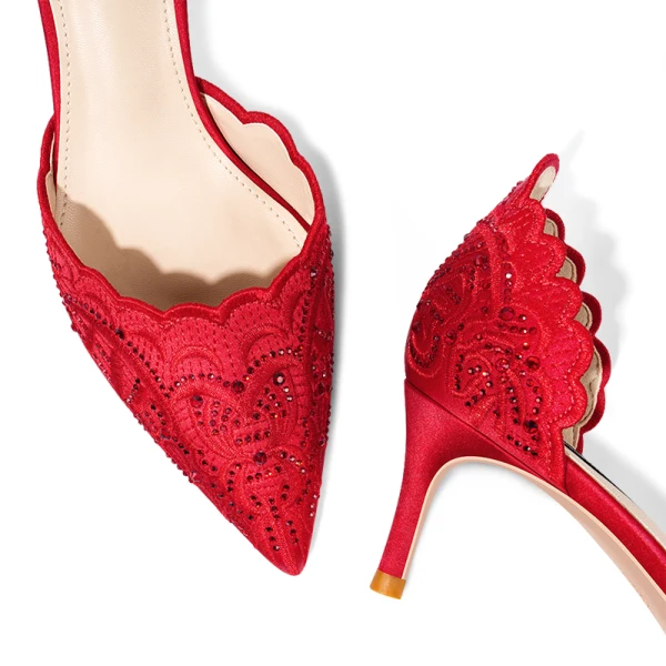 Chinese style Red Satin Rhinestone Wedding Shoes 2021 8 cm Stiletto Heels Pointed Toe Wedding Heels