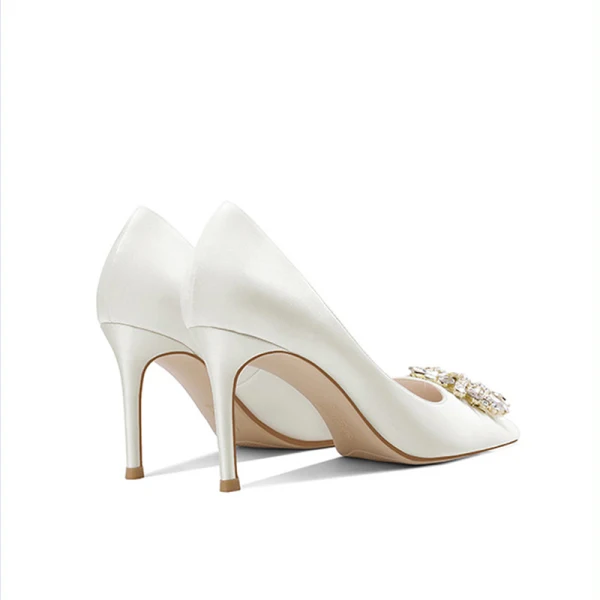 Edles Satin Ivory / Creme Strass Brautschuhe 2021 8 cm Stilettos Spitzschuh Hochzeit Pumps