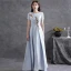 Modest  Grey Crystal Rhinestone Satin Evening Dresses  2021 A-Line / Princess Scoop Neck Short Sleeve Floor-Length / Long Evening Party Formal Dresses