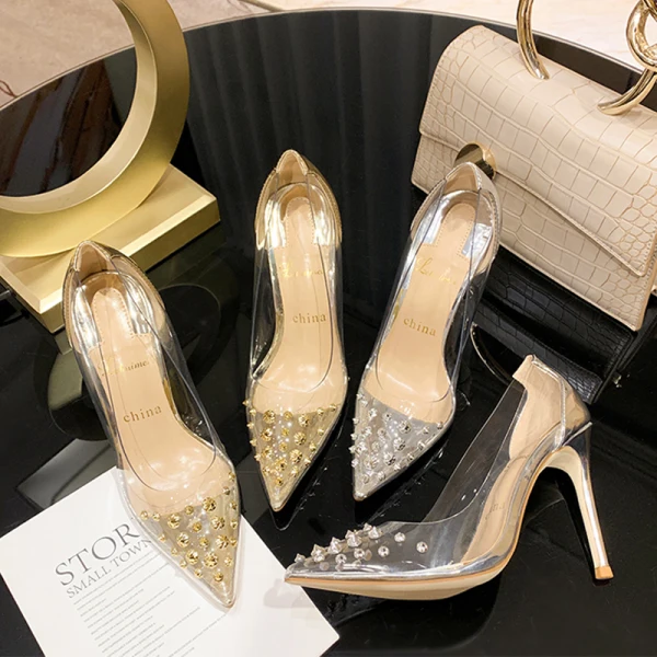 Sexy Transparent Silver Evening Party Rivet Pumps 2021 10 cm Stiletto Heels Pointed Toe Pumps High Heels